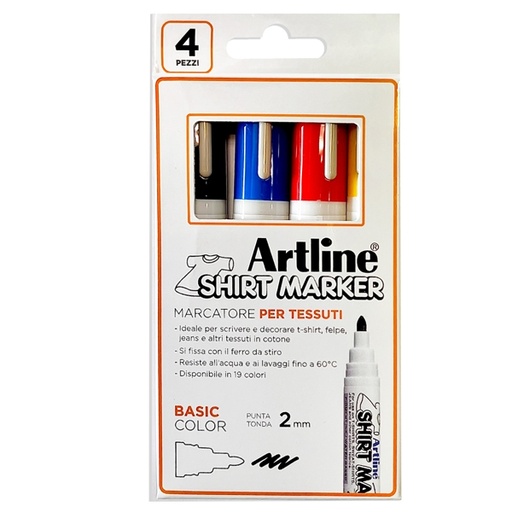 [D94333] Astuccio 4 marcatori per tessuto p. tonda 2.0mm nero/rosso/blu/giallo Artline