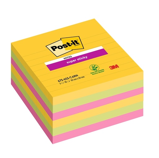 [D94359] Cf. 6pz blocco 90fg. Post-it(R)Super Sticky 100x100mm righe Carnival 675-6SS-CARN