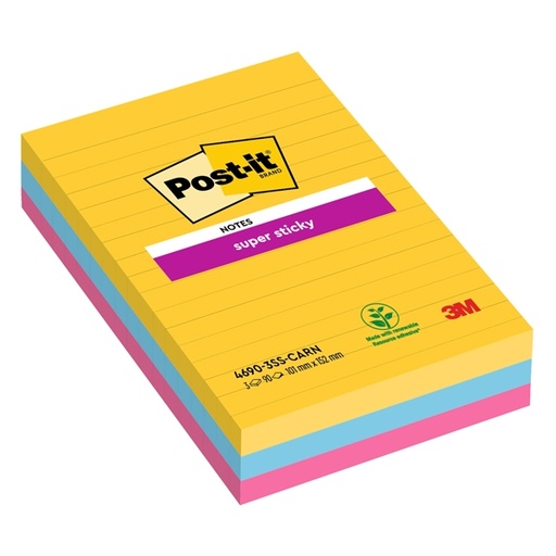 [D94361] Cf.3pz blocco 90fg. Post-it(R)Super Sticky RIGHE 101x152mm 4690-3SS-CARN Carnival