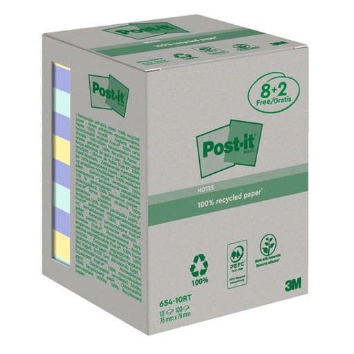 [D94381] ValuePack 10 blocchi 100fg Post-it(R) carta ricic.colori pastel 76X76mm 654-RCP10