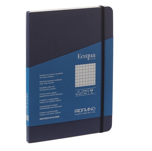 [D94725] Taccuino c/elastico EcoQua Plus cucito f.to A5 80 fogli 5mm blu scuro Fabriano