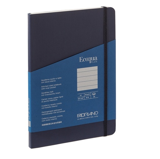 [D94730] Taccuino c/elastico EcoQua Plus cucito f.to A5 80 fg. righe blu scuro Fabriano