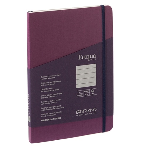 [D94733] Taccuino c/elastico EcoQua Plus cucito f.to A5 80 fg. righe vino Fabriano
