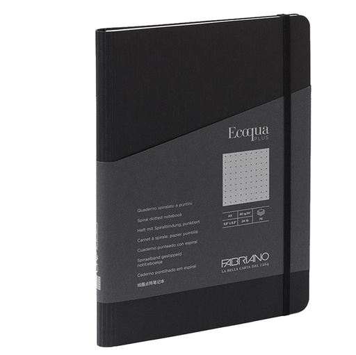 [D94737] Taccuino c/elast. EcoQua Plus spiral. A5 70fg. puntinato nero Fabriano