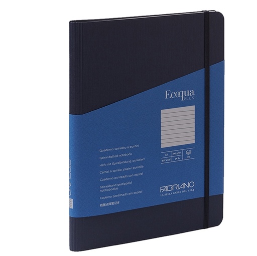 [D94740] Taccuino c/elast. EcoQua Plus spiral. A5 70fg. righe blu scuro Fabriano