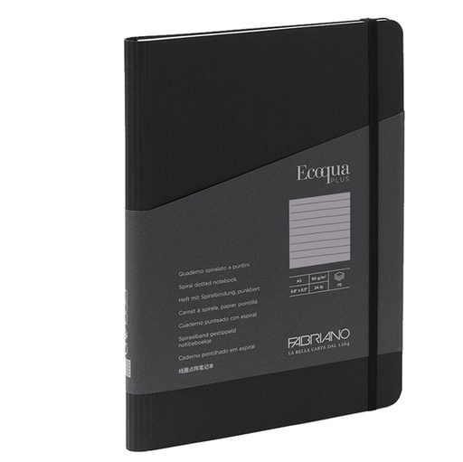 [D94742] Taccuino c/elast. EcoQua Plus spiral. A5 70fg. righe nero Fabriano