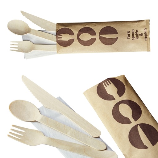 [D94981] 48 Tris Cucchiaio coltello e forchetta in legno 16cm con tovagliolo Leone