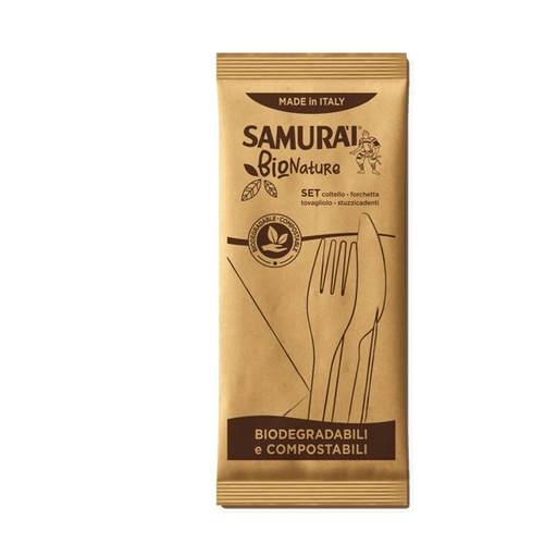 [D95171] Conf. 100 Bis coltello forchetta PLA con stuzzicadenti e tovagliolo Samurai