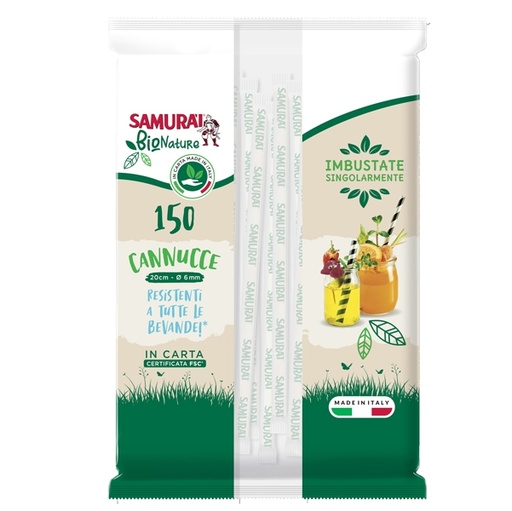 [D95167] Conf. 150 Cannucce in carta imb. sing. 20cm bianco e bianco-avana Samurai Party