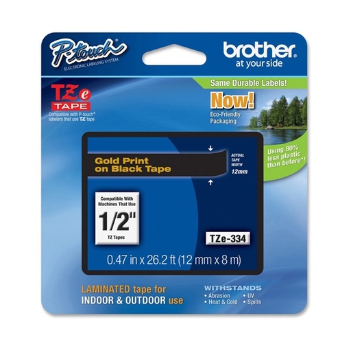 [DBROTZE334] NASTRO LAMINATO BROTHER TZE-334 12MMx8MT ORO/NERO