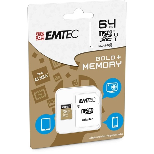 [DEMTM64GXC10GP] MICRO SDXC EMTEC 64GB CLASS 10 GOLD + CON ADATTATORE