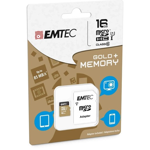 [DEMTSD16GHC10GP] MICRO SDHC EMTEC 16GB CLASS 10 GOLD PLUS CON ADATTATORE
