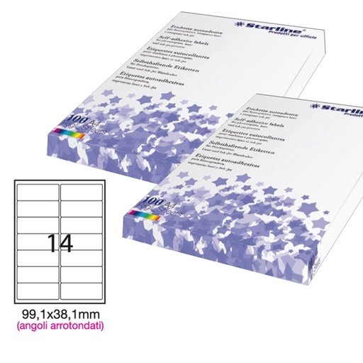 [DSTL3044] Etichetta adesiva bianca 100fg A4 99,1x38,1mm (14et/fg) angoli tondi STARLINE