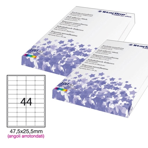 [DSTL3049] Etichetta adesiva bianca 100fg A4 47,5x25,5mm (44et/fg) angoli tondi STARLINE