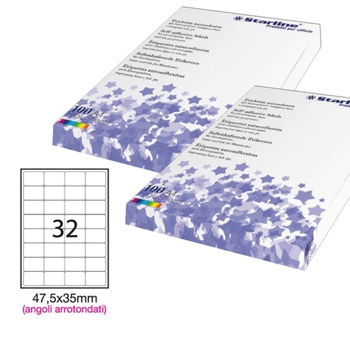 [DSTL3052] Etichetta adesiva bianca 100fg A4 47,5x35mm (32et/fg) angoli tondi STARLINE