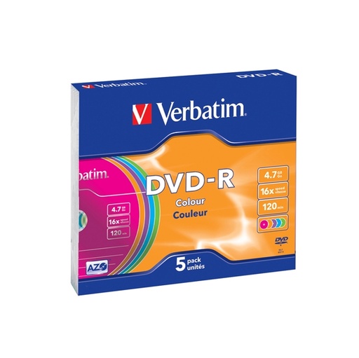 [DVERBDVD-R4716C] SCATOLA 5 DVD-R SLIM CASE 16X 4.7GB 120MIN. SERIGRAFATO COLORATO