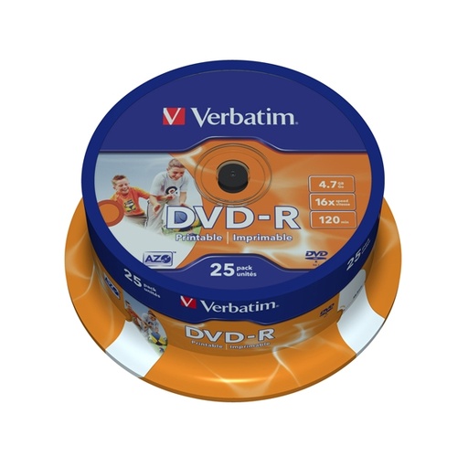 [DVERBDVD-R4716P] SCATOLA 25 DVD-R SPINDLE 16X 4.7GB 120MIN. STAMPABILE WIDE PHOTO INKJET
