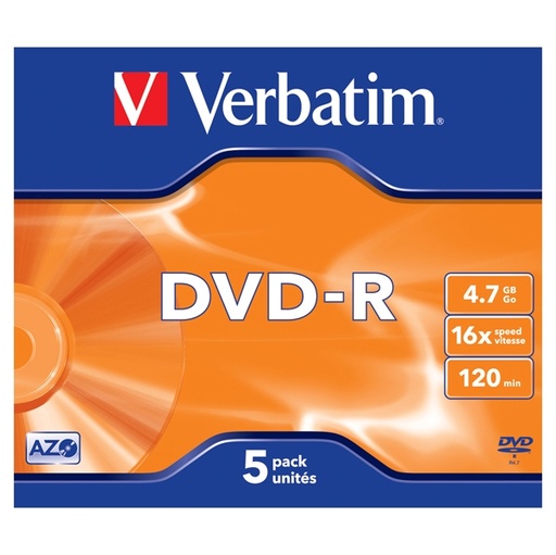 [DVERBDVD-R4716X] SCATOLA 5 DVD-R JEWEL CASE 16X 4.7GB 120MIN. SERIGRAFATO