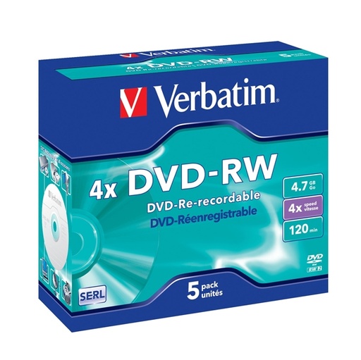 [DVERBDVD43285] SCATOLA 5 DVD-RW JEWEL CASE 4X 4.7GB 120MIN. SERIGRAFATO