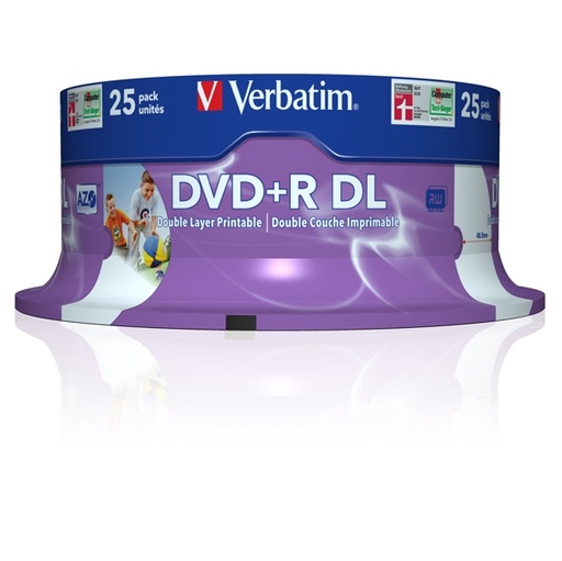 [DVERBDVDR858XL] SCATOLA 25 DVD+R DUAL LAYER 8X 8.5GB 240MIN. SERIGRAFATO SPINDLE
