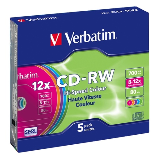 [DVERCDRW7008X] SCATOLA 5 CD-RW DATALIFEPLUS SLIM CASE 8X-10X 700MB SERIGRAFATO COLORATO