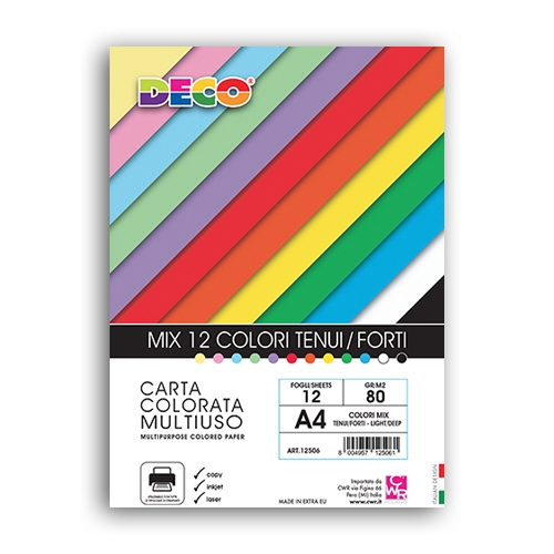 [TPC12506] DECO 80 - CARTA COLORI ASSORTITI GR.80 A4 - FG. 12 (min.ord.10 o multipli)
