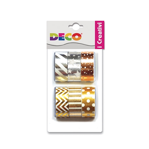 [TPC12647-2] NASTRO WASHI TAPE ROTOLO MT.3 X 15MM - SET PZ. 6 COLORI METAL