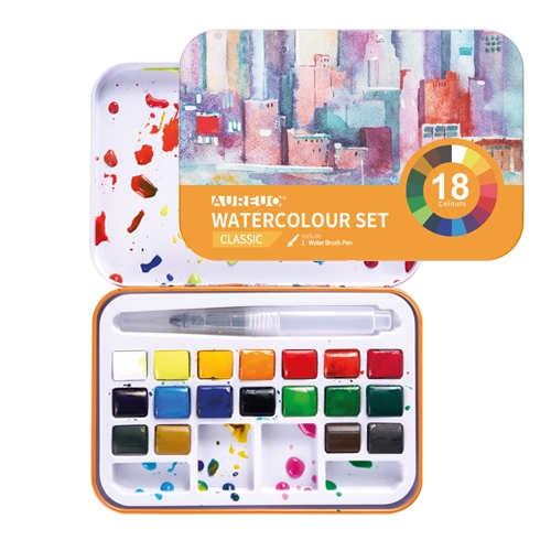 [TPC13060-1] ACQUERELLI SCATOLA METALLO 18 DEMI-GODET + PENNELLO BRUSH PEN - CLASSIC