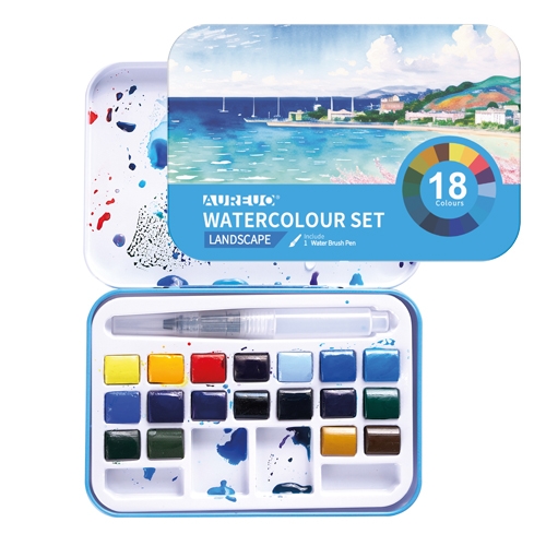 [TPC13060-2] ACQUERELLI SCATOLA METALLO 18 DEMI-GODET + PENNELLO BRUSH PEN - PAESAGGI