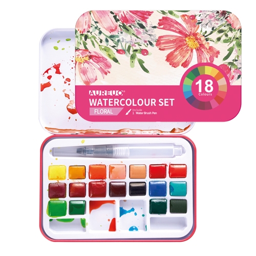 [TPC13060-3] ACQUERELLI SCATOLA METALLO 18 DEMI-GODET + PENNELLO BRUSH PEN - FLOREALE