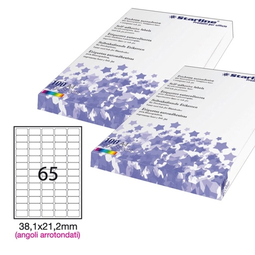 [DSTL3046] Etichetta adesiva bianca 100fg A4 38,1x21,2mm (65et/fg) angoli tondi STARLINE