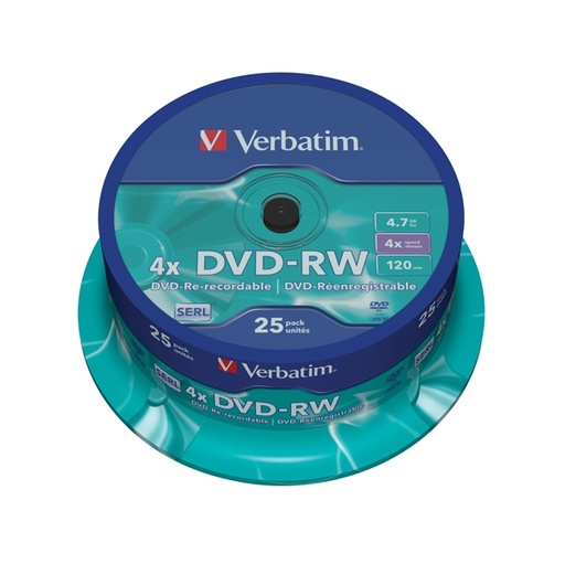 [DVERBDVD-RW25SP] CONFEZIONE DA 25 DVD-RW SPINDLE 4X 4.7GB SUPERF.MATT SILVER SERIGRAFATA