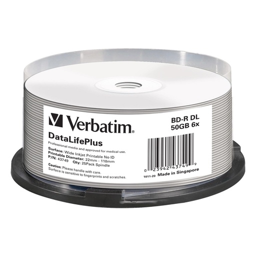 [DVERBDVDBD-RWB6] SCATOLA 25 BLU-RAY BD-R 50GB 6X STAMPABILE IN SPINDLE