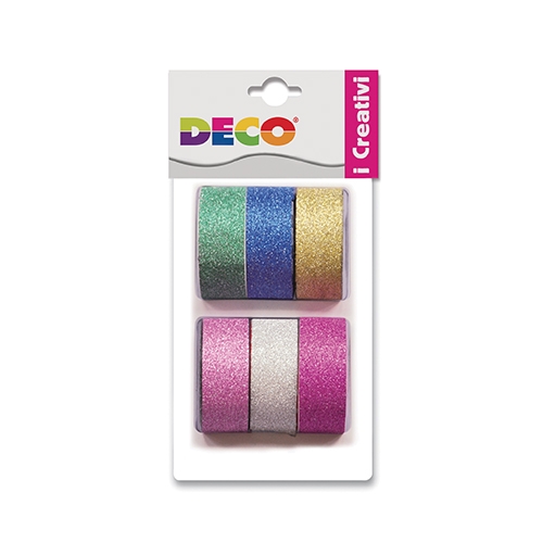 [TPC12647-3] NASTRO WASHI TAPE ROTOLO MT.3 X 15MM - SET PZ. 6 COLORI GLITTER
