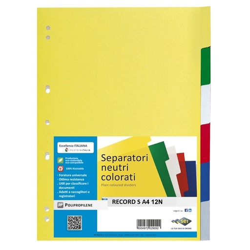 [D25673] SEPARATORE 12 TASTI COLORATI 21X29,7 PPL RECORD SA412N SEI