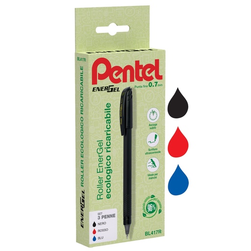 [D100011] Astuccio 3 roller Energel Recycology 96 punta 0,7mm nero/rosso/blu Pentel