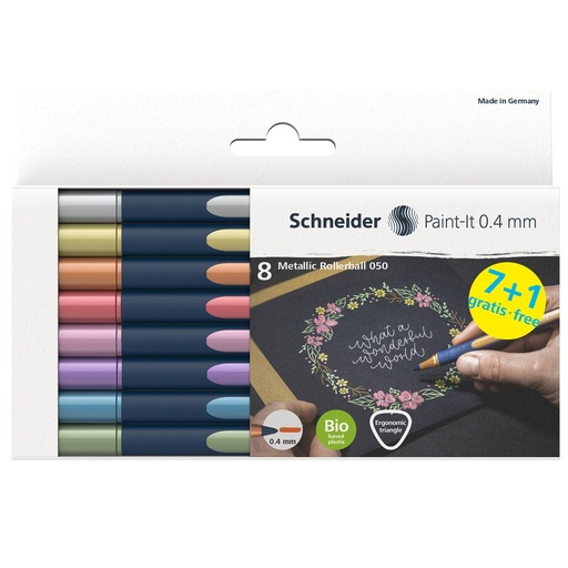 [D100259] Astuccio 8 Metallic Roller 050 punta 0.4mm colori assortiti Schneider