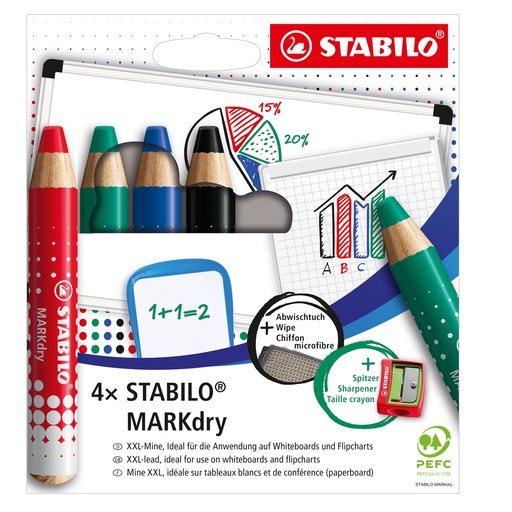 [D100529] Astuccio 4 matitoni per lavagne STABILO MARKdry + temperino + panno microfibra