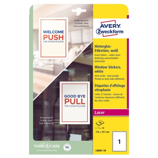 [D100676] Adesivi per finestre in carta con pellicola 210x297mm 1adesivo/fg, laser Avery