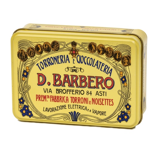 [D100971] Scrigno regalo giallo in metallo con praline miste 150gr Barbero