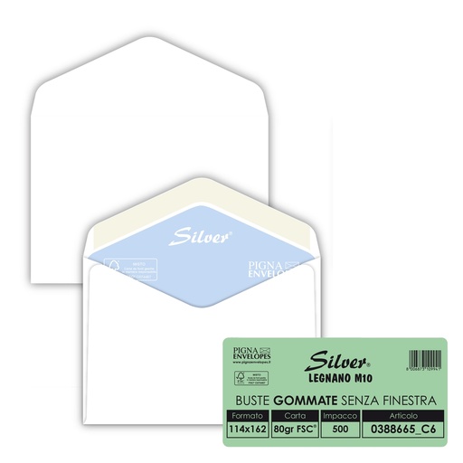 [D101262] 500 buste Silver gommata bianca s/finestra 114x162mm 80gr Pigna Envelopes