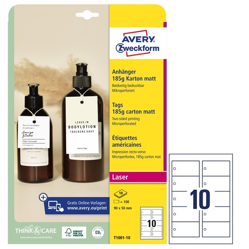 [D101298] Cartellini micro-perforato stampabili bianchi 90x50mm 10fg (10 cart/fg) Avery