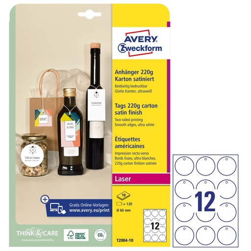 [D101303] Cartellini stampabili bordi lisci D60mm 10fg(12cart/fg) bianco Avery