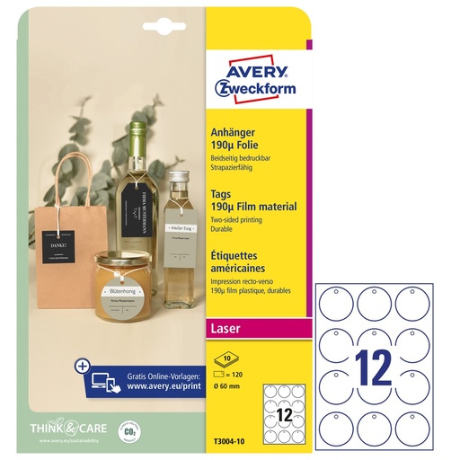[D101314] Cartellini stampabili resistenti 190mic D60mm 10fg(12cart/fg) bianco Avery