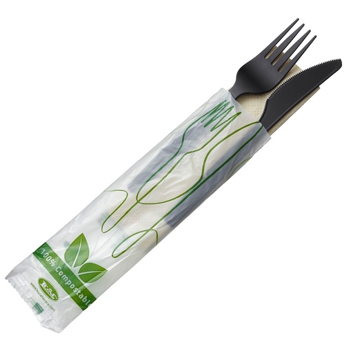 [D101411] 250 Bis Coltello e forchetta in CPLA nero con tovagliolo Leone