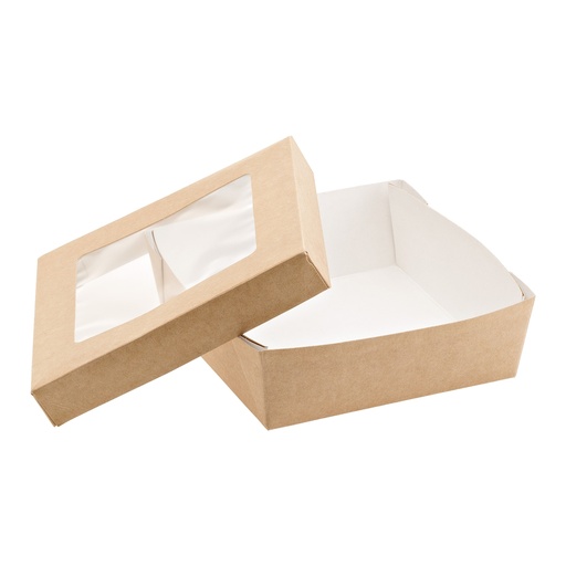 [D101414] 25 Scatola da asporto c/finestra trasparente carta kraft + PE 14x14x5hcm Leone