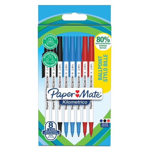 [D101523] Astuccio 8 penne sfera c/cappuccio Kilometrico Recycled 1.0mm col.ass Papermate