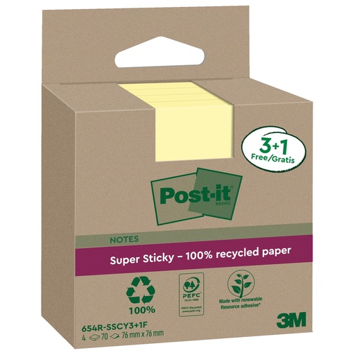 [D101861] Cf. 3+1pz blocco 70fg Post-itRSuperSticky Green 76x76mm 654R-SSCY3+1 giallo