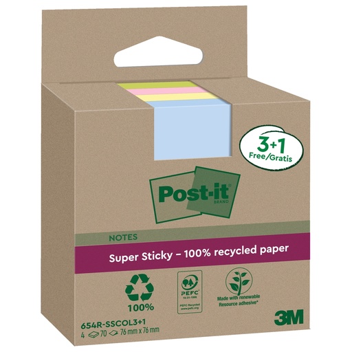 [D101862] Cf. 3+1pz blocco 70fg Post-itRSuperSticky Green 76x76mm 654R-SSCOL3+1 pastello