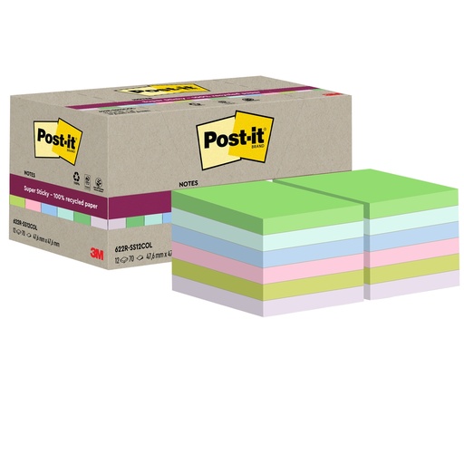 [D101866] Cf 12pz blocco 70fg Post-itRSuperSticky Green 47,6x47x6mm 622R-SS12COL pastello